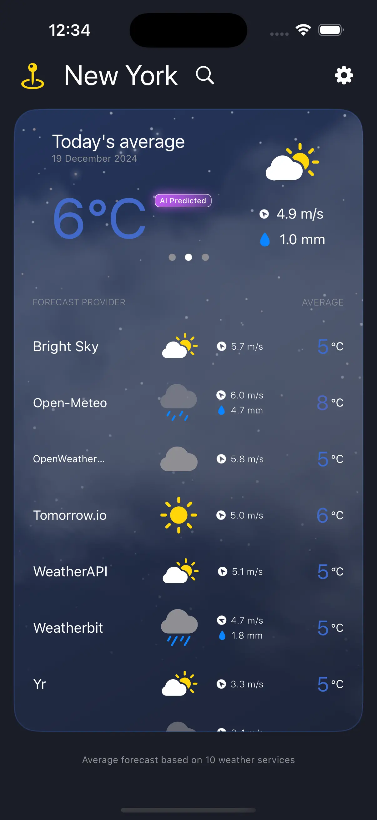 Unified Weather app showing provider comparisons